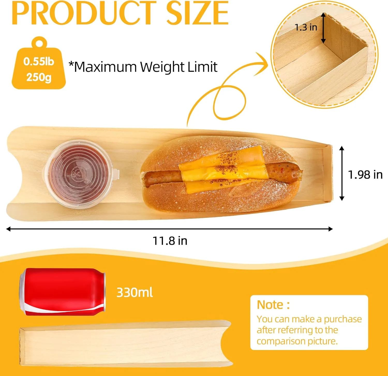 100 Pack Hot Dog Trays Wooden Hot Dog Containers Disposable Open-Design Hot Dog Holders Disposable Food Tray for Sandwich Hamburger Hot Dog Boats for Hot Dog Cart Supplies I 11.8"x1.98"x1.3"