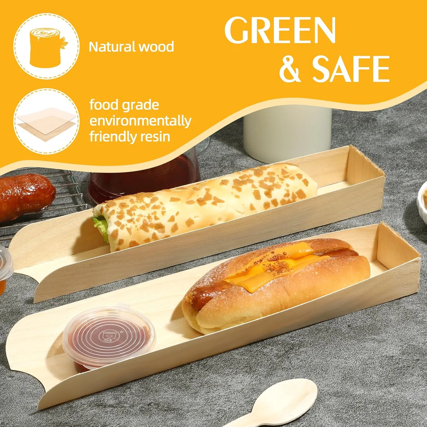 100 Pack Hot Dog Trays Wooden Hot Dog Containers Disposable Open-Design Hot Dog Holders Disposable Food Tray for Sandwich Hamburger Hot Dog Boats for Hot Dog Cart Supplies I 11.8"x1.98"x1.3"