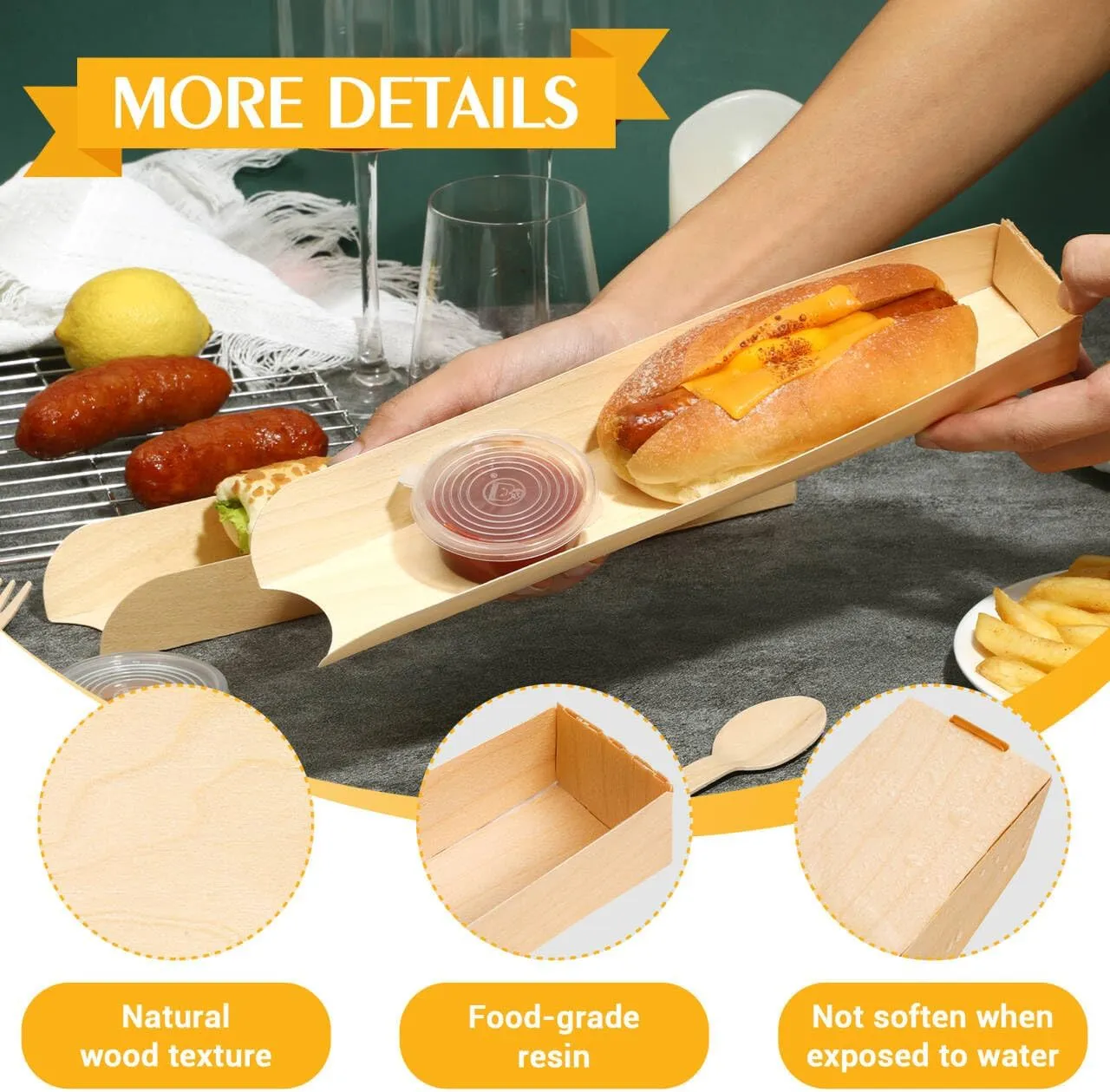 100 Pack Hot Dog Trays Wooden Hot Dog Containers Disposable Open-Design Hot Dog Holders Disposable Food Tray for Sandwich Hamburger Hot Dog Boats for Hot Dog Cart Supplies I 11.8"x1.98"x1.3"