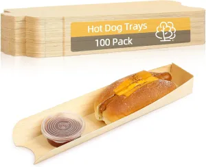 100 Pack Hot Dog Trays Wooden Hot Dog Containers Disposable Open-Design Hot Dog Holders Disposable Food Tray for Sandwich Hamburger Hot Dog Boats for Hot Dog Cart Supplies I 11.8"x1.98"x1.3"