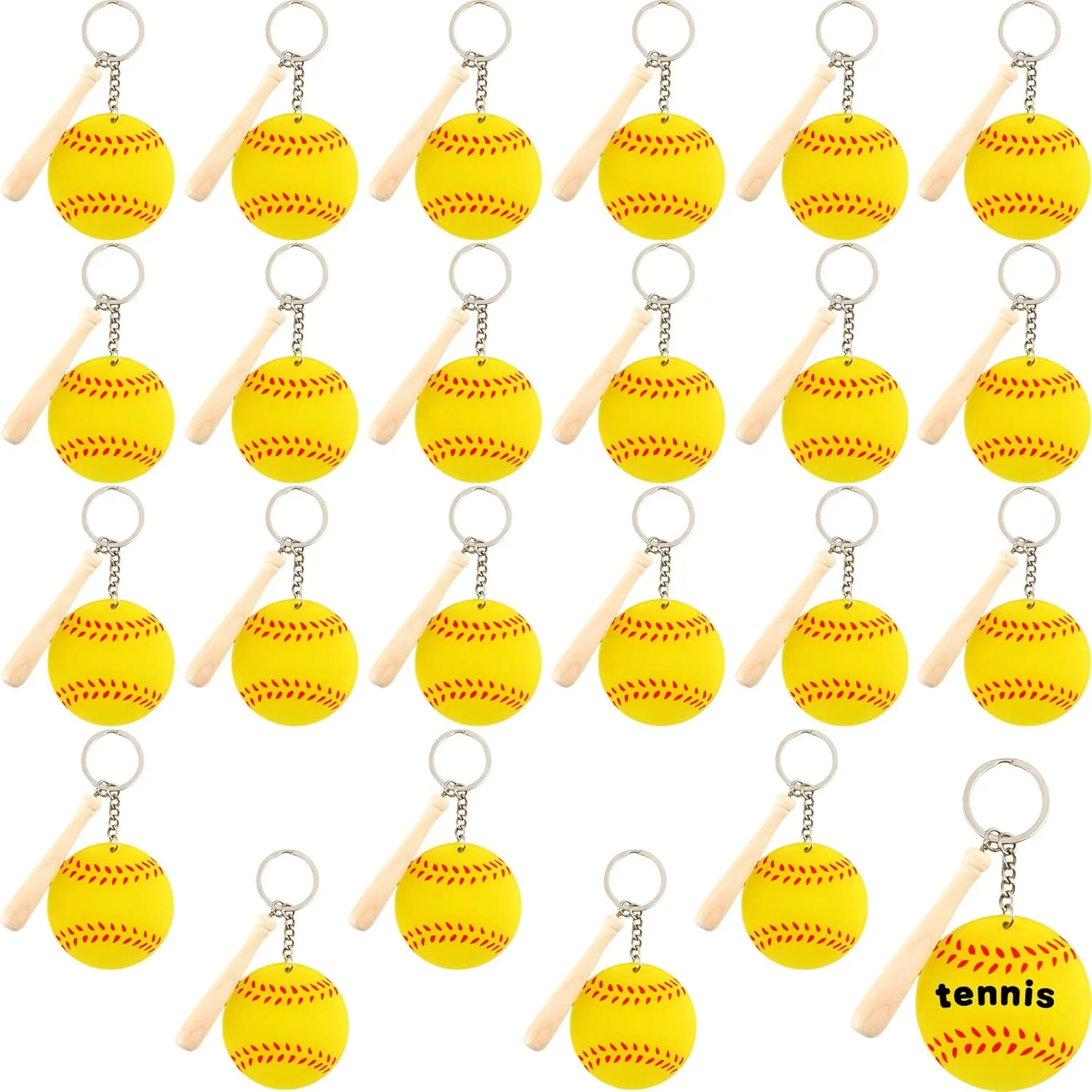 24 Sets Baseball keychain Acrylic Softball Tennis Keychain with mini Wooden Baseball Bat for Birthday Sport Theme Party Favors (Yellow)