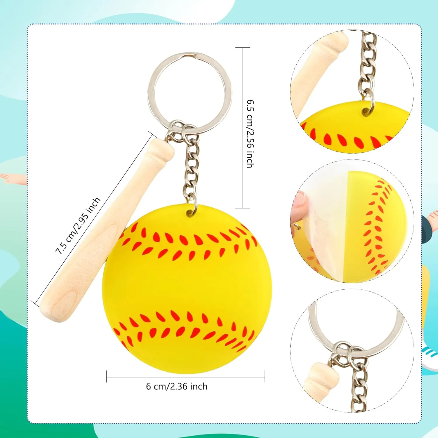 24 Sets Baseball keychain Acrylic Softball Tennis Keychain with mini Wooden Baseball Bat for Birthday Sport Theme Party Favors (Yellow)