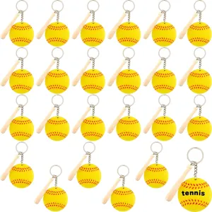 24 Sets Baseball keychain Acrylic Softball Tennis Keychain with mini Wooden Baseball Bat for Birthday Sport Theme Party Favors (Yellow)