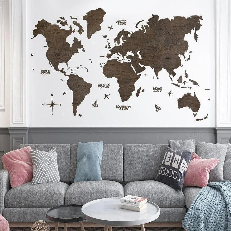 2D Wooden World Map Ebony Basic