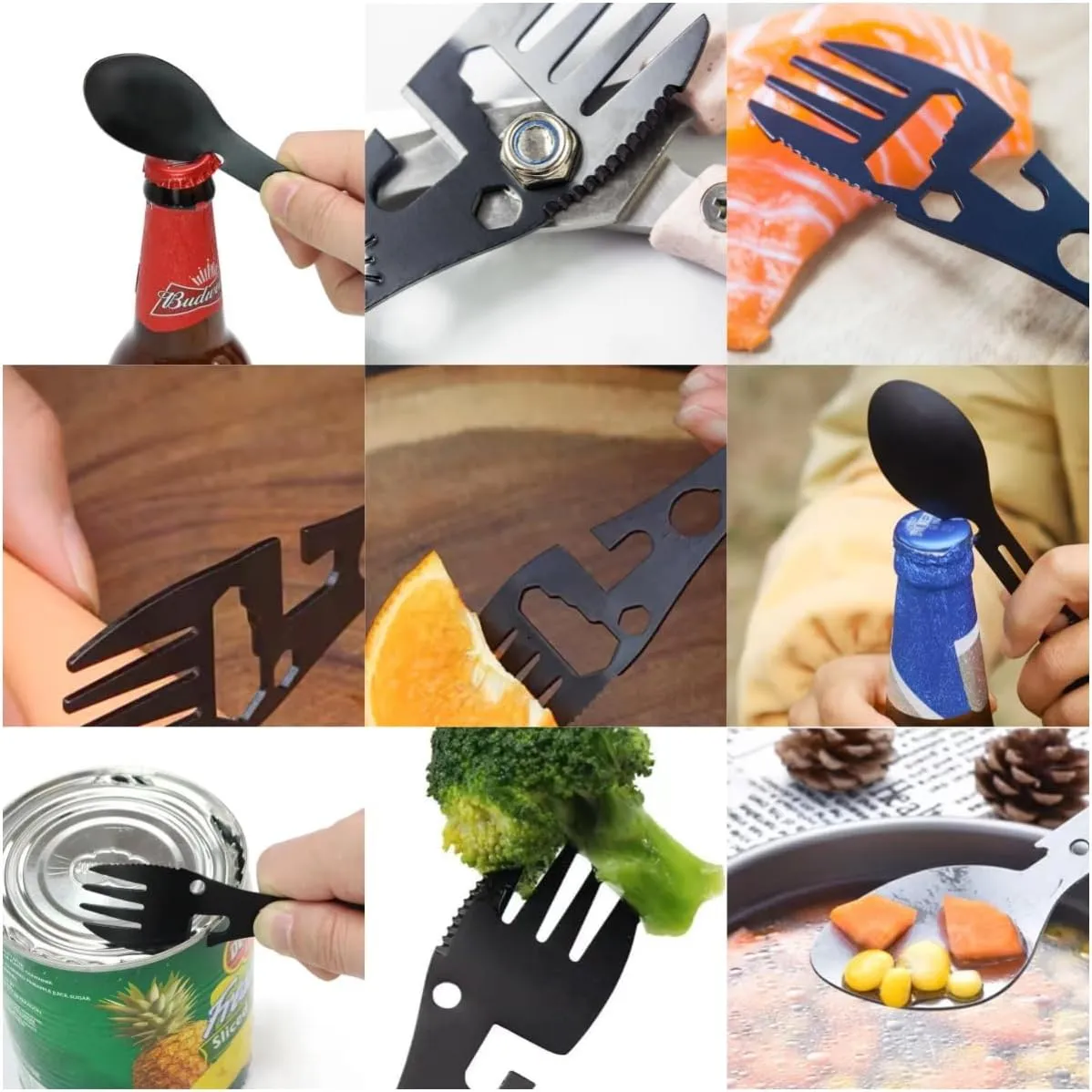 2pcs Stainless Steel Tactical Spork, 10-in-1 Camping Utensils, Multifunctional Tool Spoon Fork knife Wrench Bottle Opener Ladle Camping Survival Tool Cutlery Outdoor kit for Travel