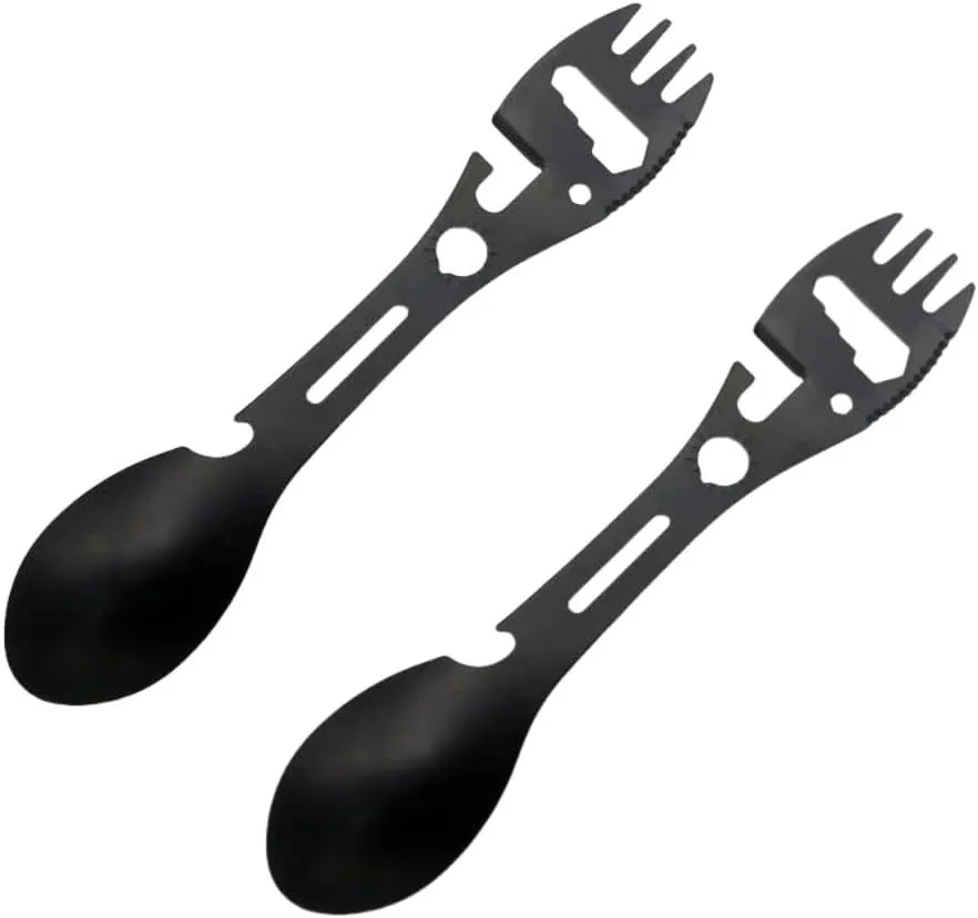 2pcs Stainless Steel Tactical Spork, 10-in-1 Camping Utensils, Multifunctional Tool Spoon Fork knife Wrench Bottle Opener Ladle Camping Survival Tool Cutlery Outdoor kit for Travel