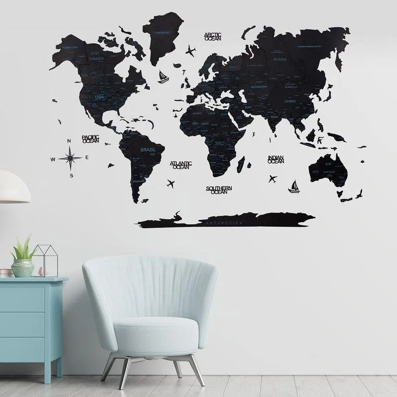 3D Colored Wooden World Map Obsidian Black Prime