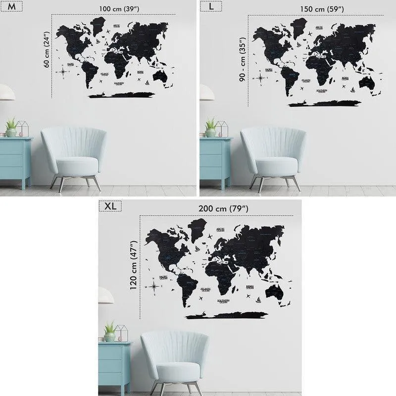 3D Colored Wooden World Map Obsidian Black Prime