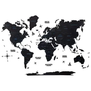 3D Colored Wooden World Map Obsidian Black Prime