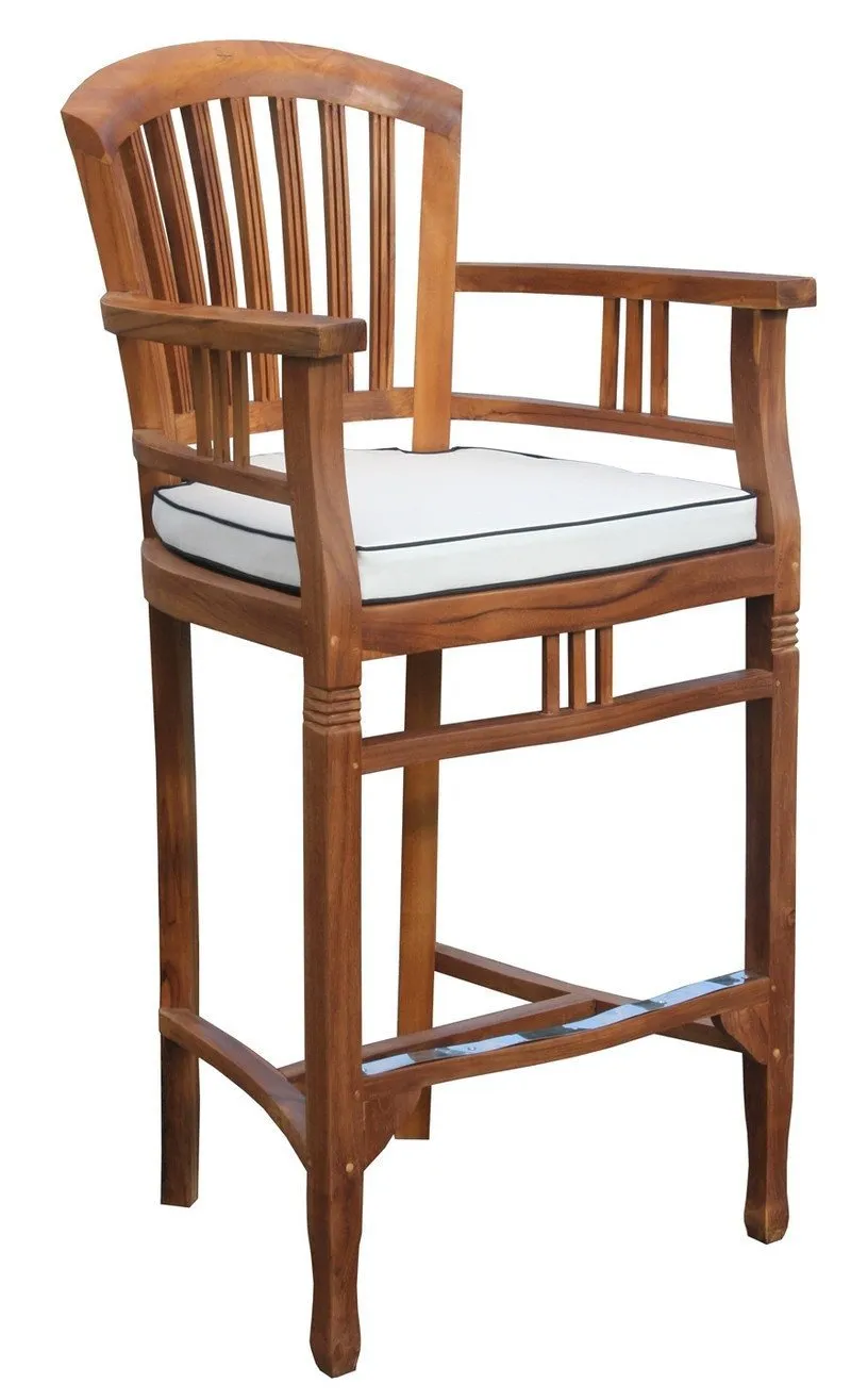 5 Piece Round Teak Wood Orleans Bar Table/Chair Set With Cushions