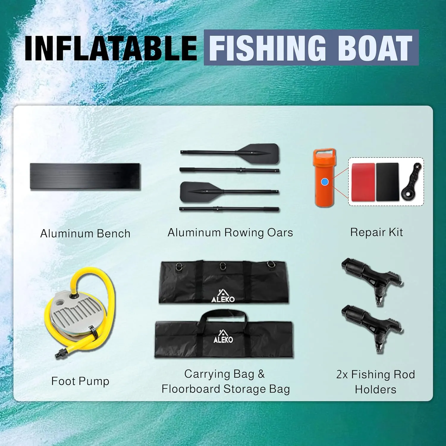 ALEKO Inflatable Boat | Yacht Dinghy Tender Raft | Multi Person Fishing Boat | Aluminum Floor Oars | Fishing Rod Holders | Heavy-Duty PVC | 2024 Model |