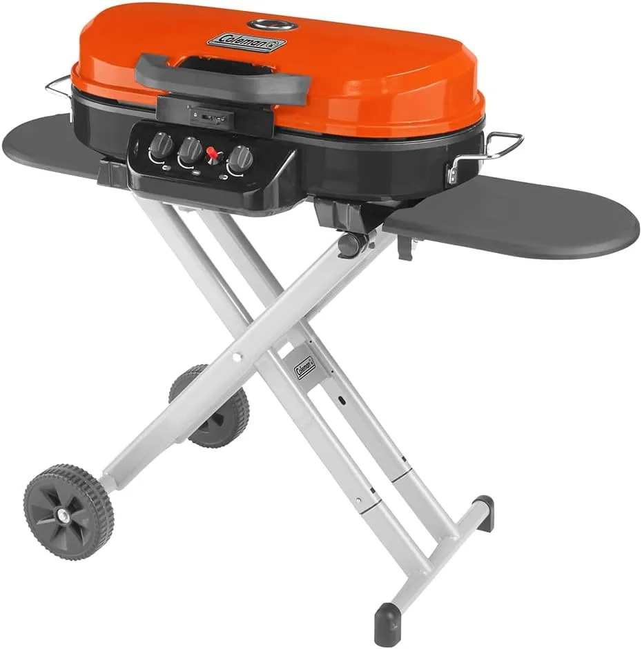 Coleman RoadTrip 285 Portable Stand-Up Propane Grill Gas Grill with 3 Adjustable Burners and Instastart Push-Button Ignition; Grease Tray Side Tables Thermometer Folding Legs & Wheels Included