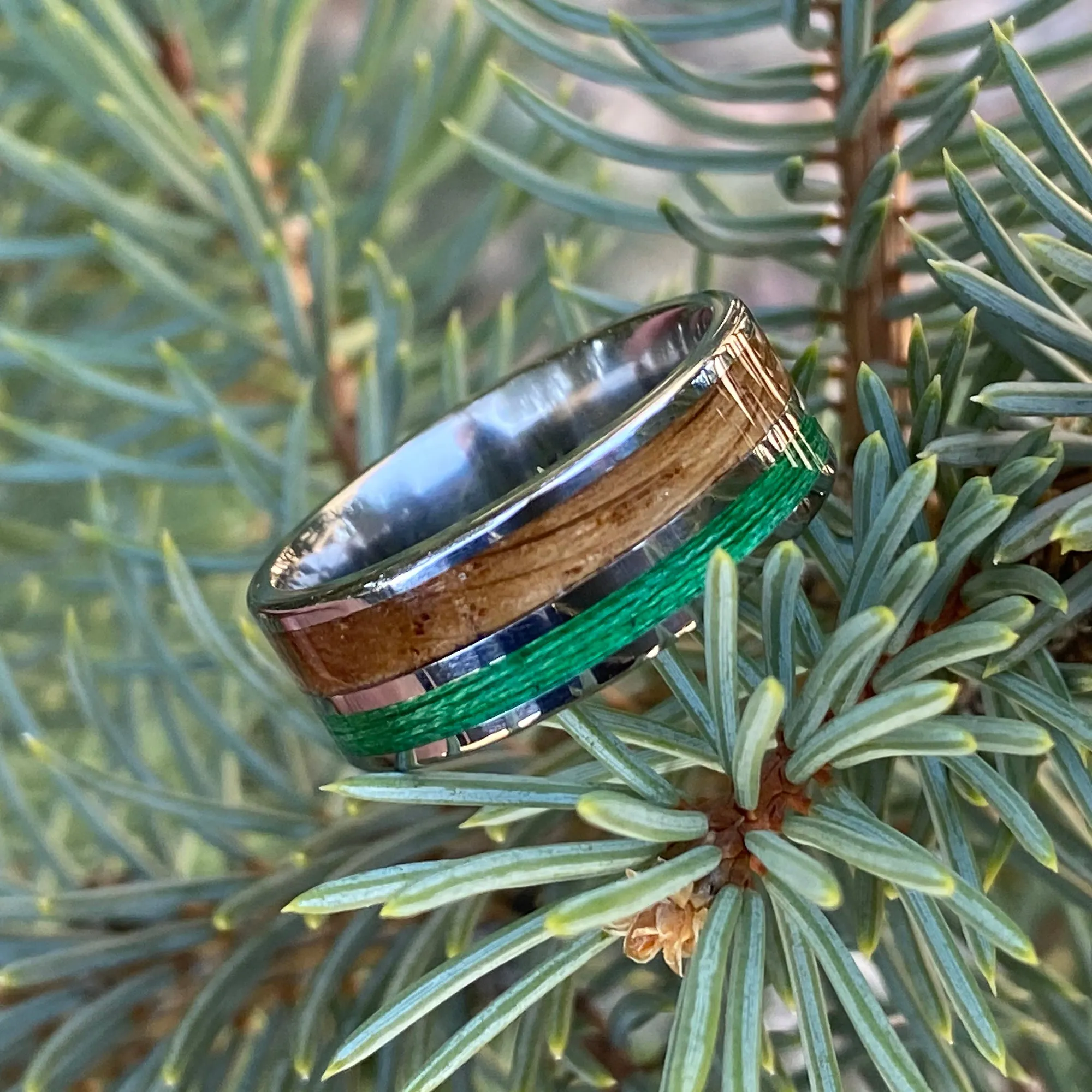 Custom Titanium Mens Wedding Band with Whiskey Barrel & Green Fishing Line Inlays - 8mm Fishing Ring with Comfort Fit - Unique Mens Ring