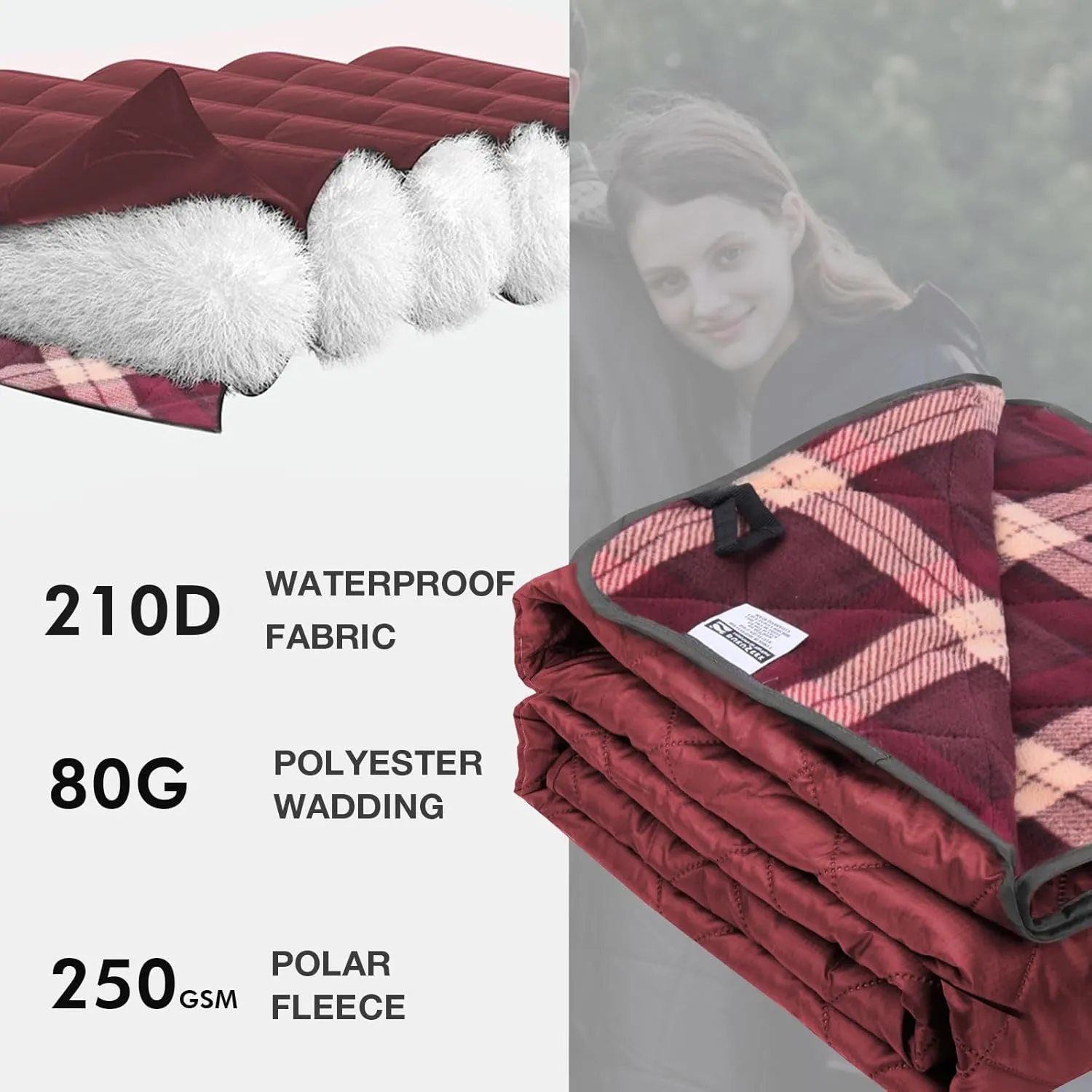 DUKUSEEK Large Waterproof Camping Blanket, Cold Weather Warm Fleece Blankets Windproof Triple Layers for Stadium,Camping, Concerts, Car, Dog