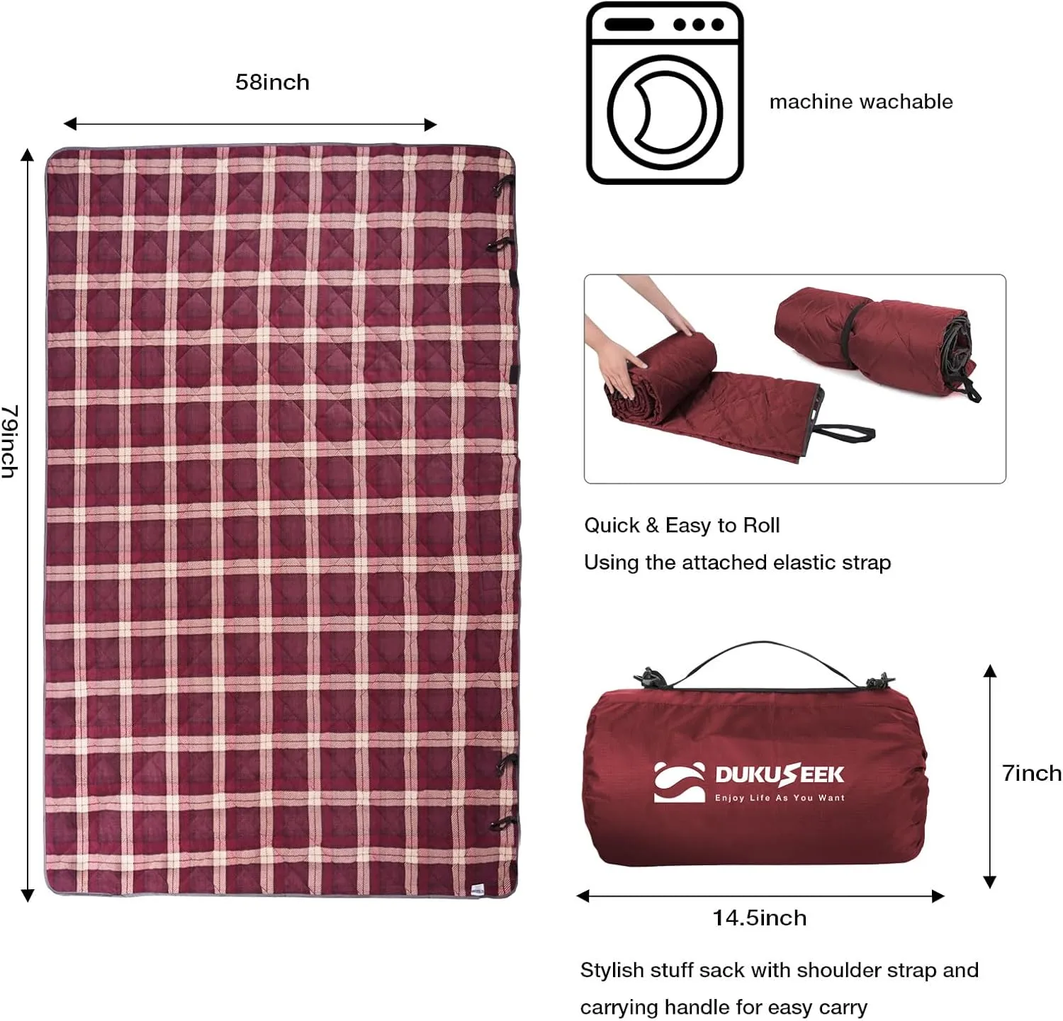 DUKUSEEK Large Waterproof Camping Blanket, Cold Weather Warm Fleece Blankets Windproof Triple Layers for Stadium,Camping, Concerts, Car, Dog
