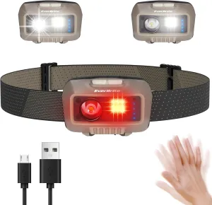 EverBrite Rechargeable Headlamp, LED Bright Motion Sensor Head Lamp Flashlight with 9 Modes, Adjustable Headlight for Adults Kids with White Red Light, Waterproof, Khaki, for Hiking, Running, Camping