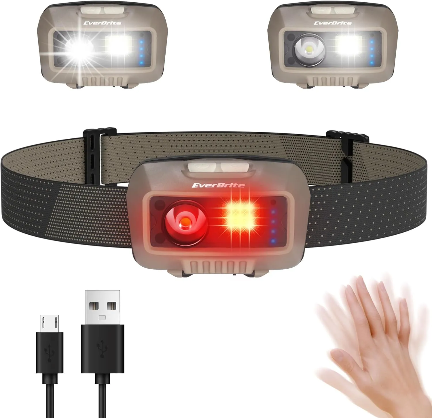 EverBrite Rechargeable Headlamp, LED Bright Motion Sensor Head Lamp Flashlight with 9 Modes, Adjustable Headlight for Adults Kids with White Red Light, Waterproof, Khaki, for Hiking, Running, Camping