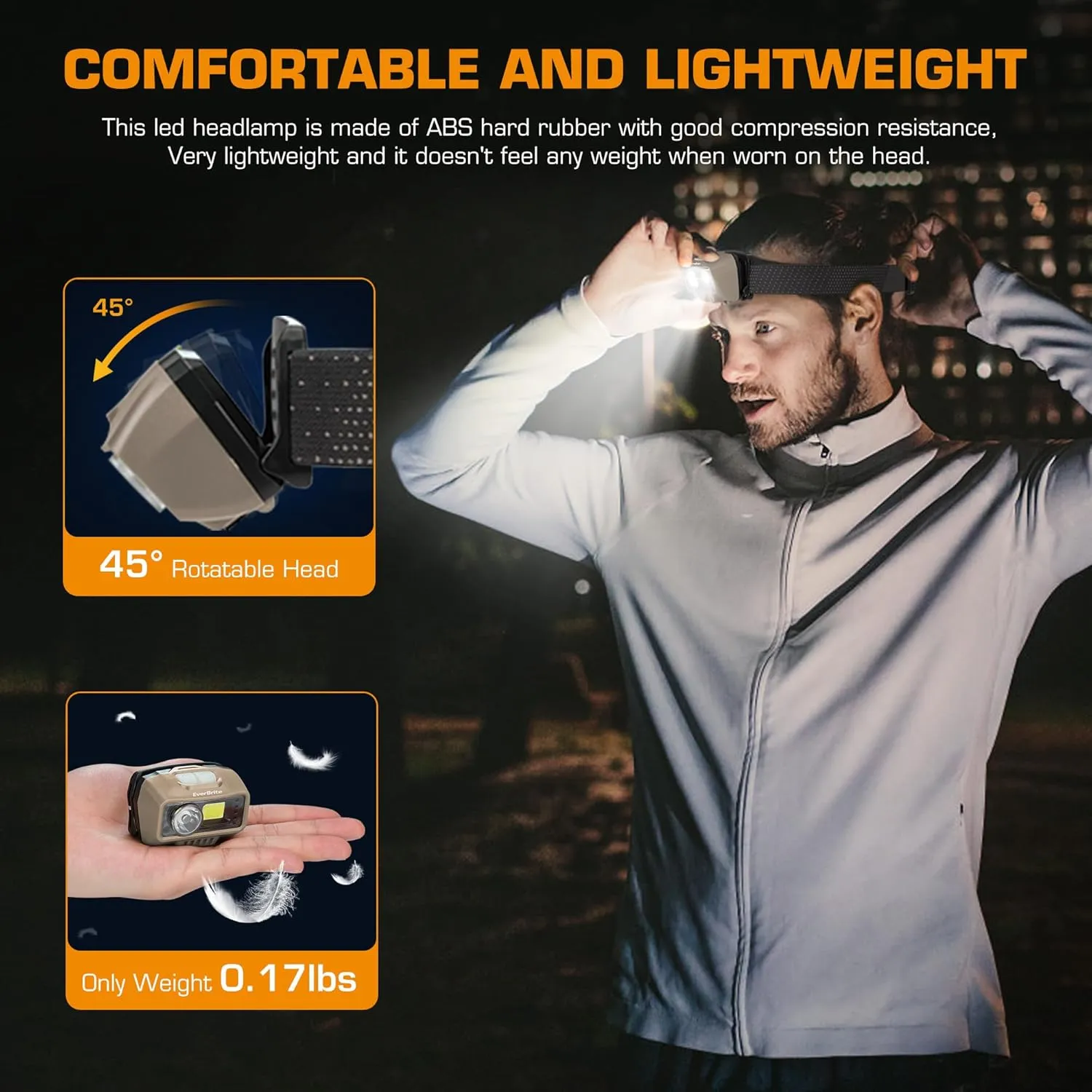 EverBrite Rechargeable Headlamp, LED Bright Motion Sensor Head Lamp Flashlight with 9 Modes, Adjustable Headlight for Adults Kids with White Red Light, Waterproof, Khaki, for Hiking, Running, Camping