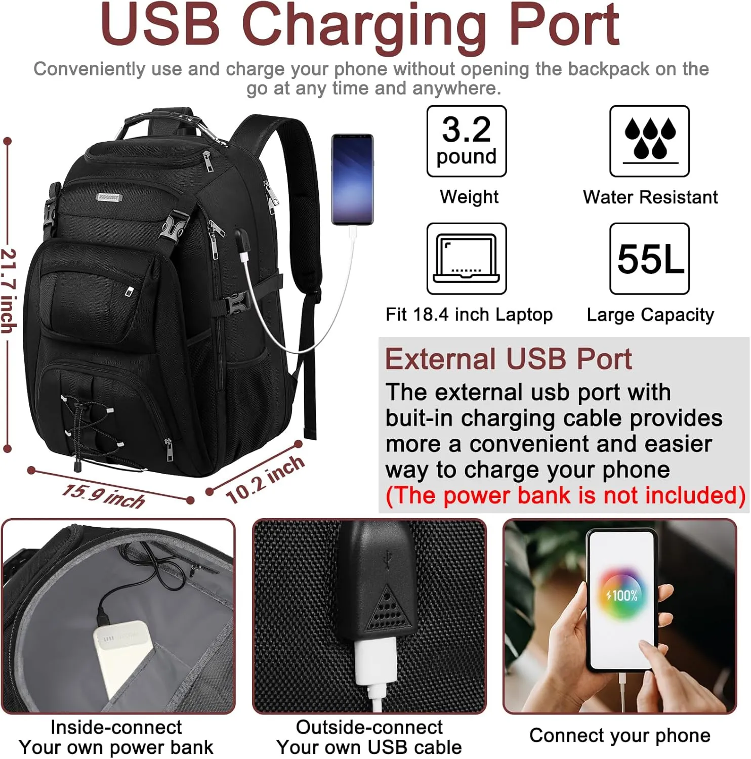 Extra Large Laptop Backpack for Travel, College & Work, TSA Friendly Commuter Gaming Bag with USB Charging Port, Heavy-Duty Anti-Theft Design Fits 18.4 Inch Laptop, Grey, 21.7x15.9x10.2