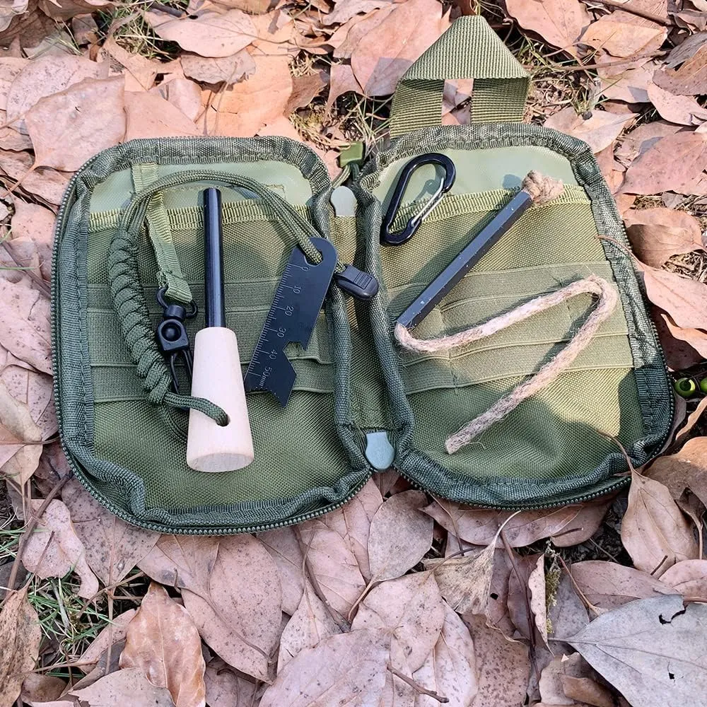 Fire Starter Survival Kit, Larger Ferro Rod with Striker Lanyard 3in Long Flint and Steel, 13.8in Wick Hemp Cord, Multifunctional Bag