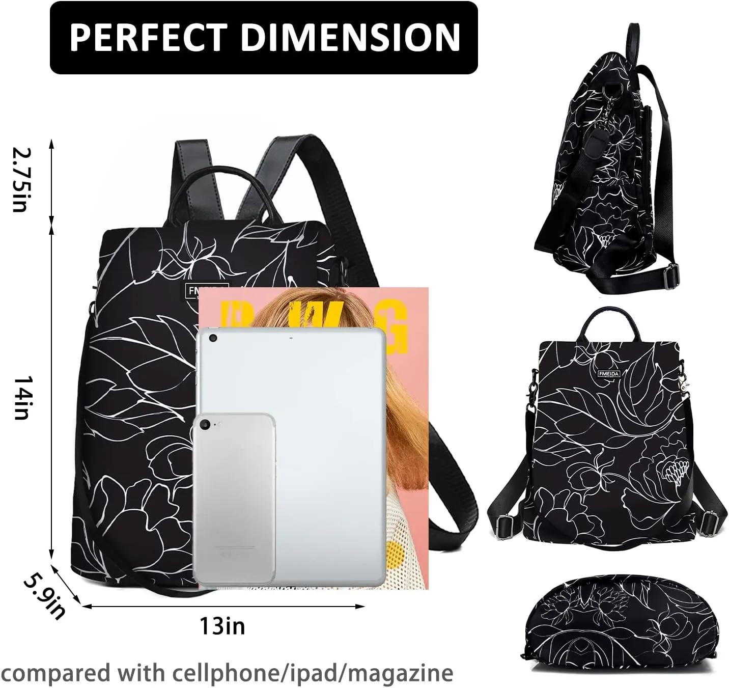 Fmeida Women's Anti-Theft Waterproof Backpack Purse | Lightweight Travel Daypack for College, Work & Outdoor | Nylon Bookbag with Minimalist Floral Design