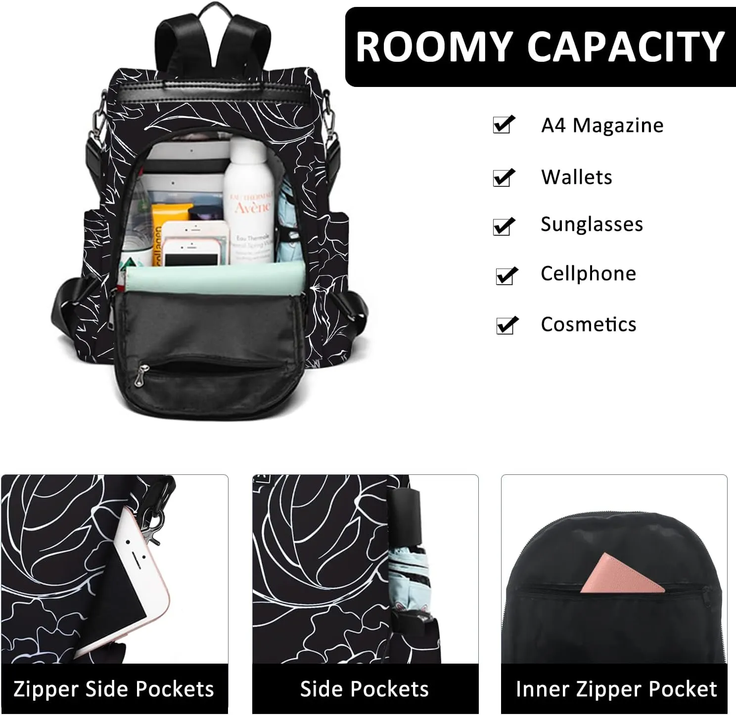 Fmeida Women's Anti-Theft Waterproof Backpack Purse | Lightweight Travel Daypack for College, Work & Outdoor | Nylon Bookbag with Minimalist Floral Design