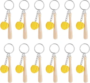 Framendino, 12 Pack Wooden Bat with Mini Baseball Keychain Softball Key Ring Sports for Team