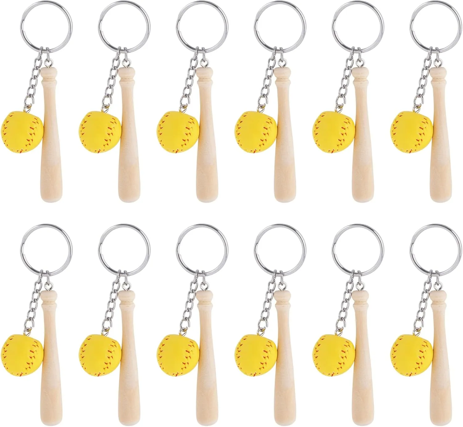 Framendino, 12 Pack Wooden Bat with Mini Baseball Keychain Softball Key Ring Sports for Team