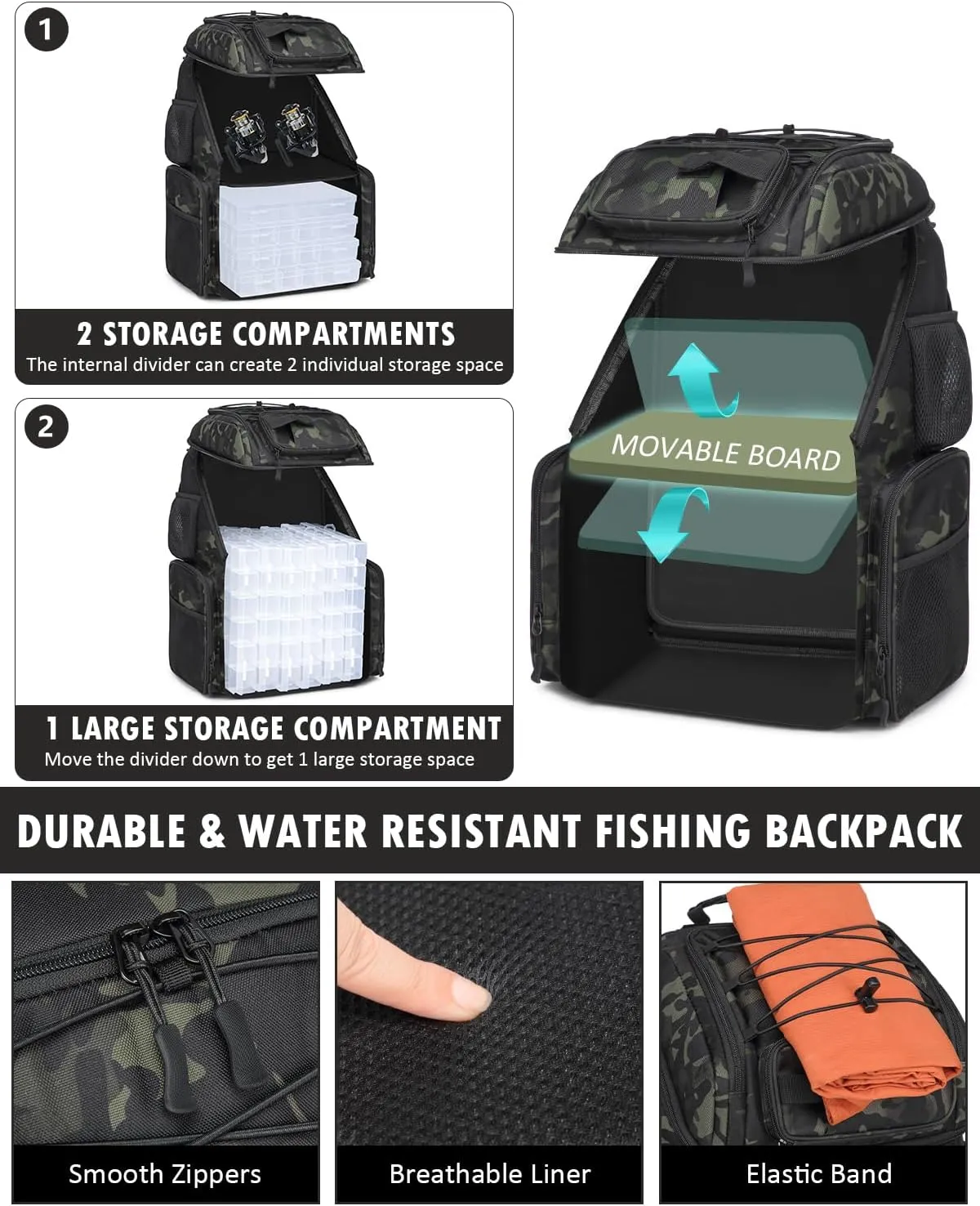 HAMBOLY Fishing Backpack with Tackle Boxes, 50L Fishing Tackle Bag with Cooler & Rod Holders, Waterproof Fishing Bag for Men