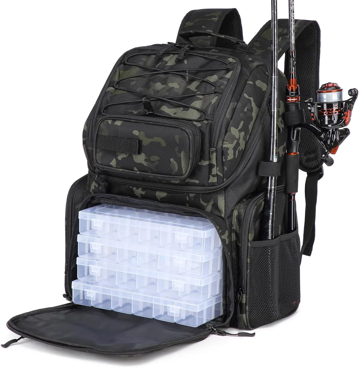 HAMBOLY Fishing Backpack with Tackle Boxes, 50L Fishing Tackle Bag with Cooler & Rod Holders, Waterproof Fishing Bag for Men