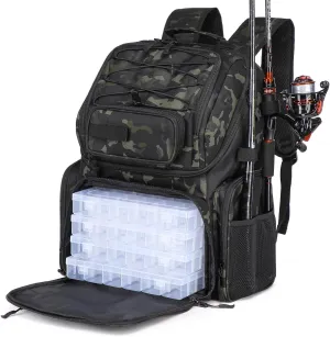 HAMBOLY Fishing Backpack with Tackle Boxes, 50L Fishing Tackle Bag with Cooler & Rod Holders, Waterproof Fishing Bag for Men