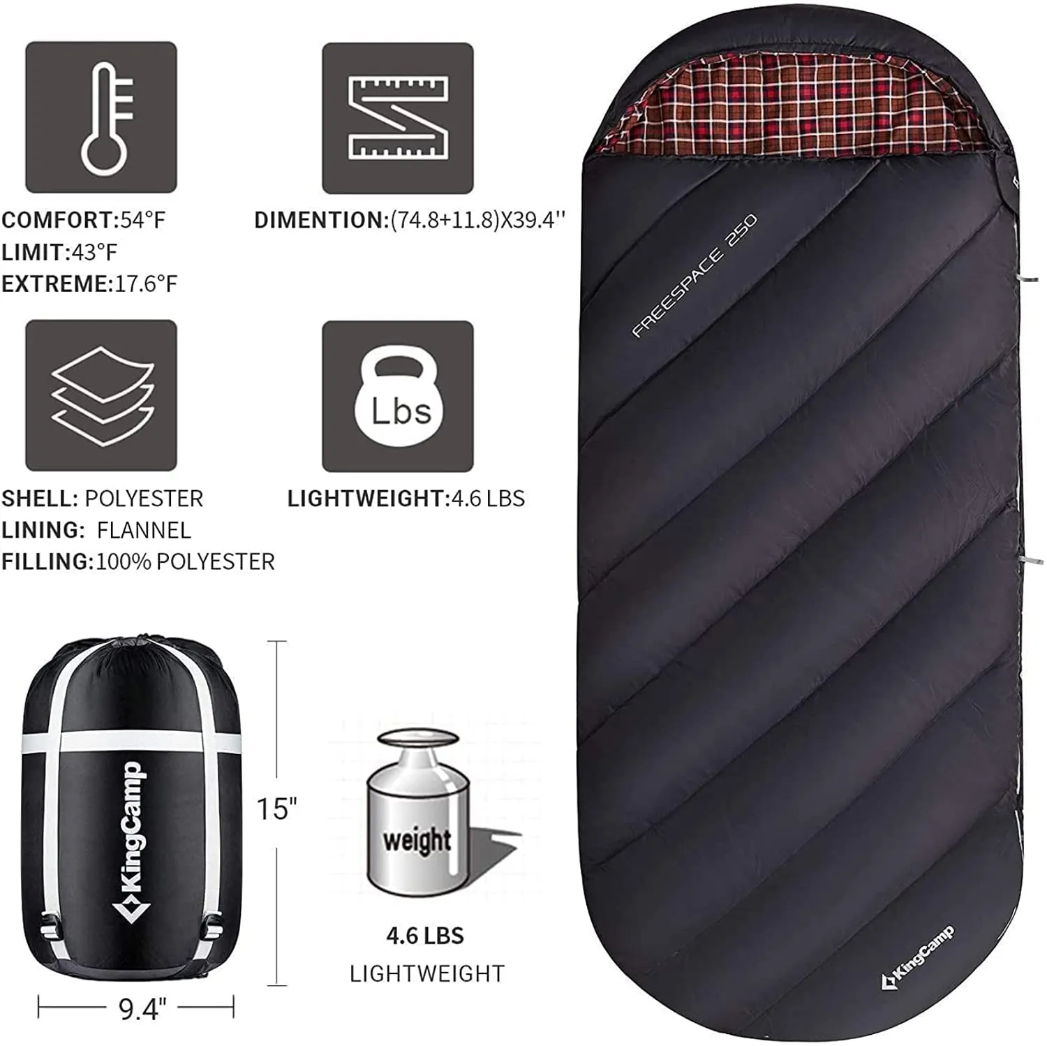 KingCamp XL Camping Sleeping Bags 3 Seasons Oversized Lightweight 100% Cotton Flannel Sleeping Bag Black