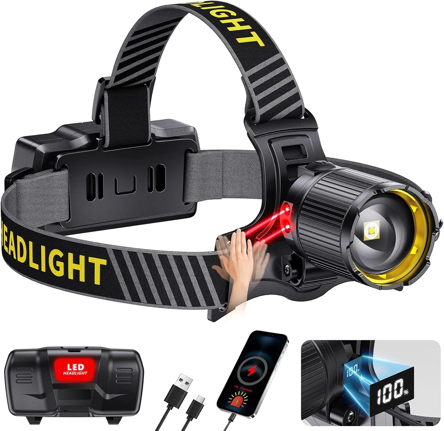 Led Headlamp Rechargeable, Super Bright HeadLamps 60H Long Battery Life with Sensor, Zoomable, 12 Modes, 120Adjustable Head Lamp, IPX7 Waterproof Headlight for Forehead Camping Fishing Working Hiking