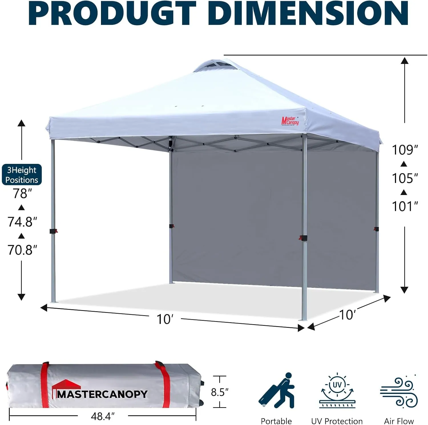 MASTERCANOPY Durable Pop-up Canopy Tent with 1 Sidewall (10'x10',White)