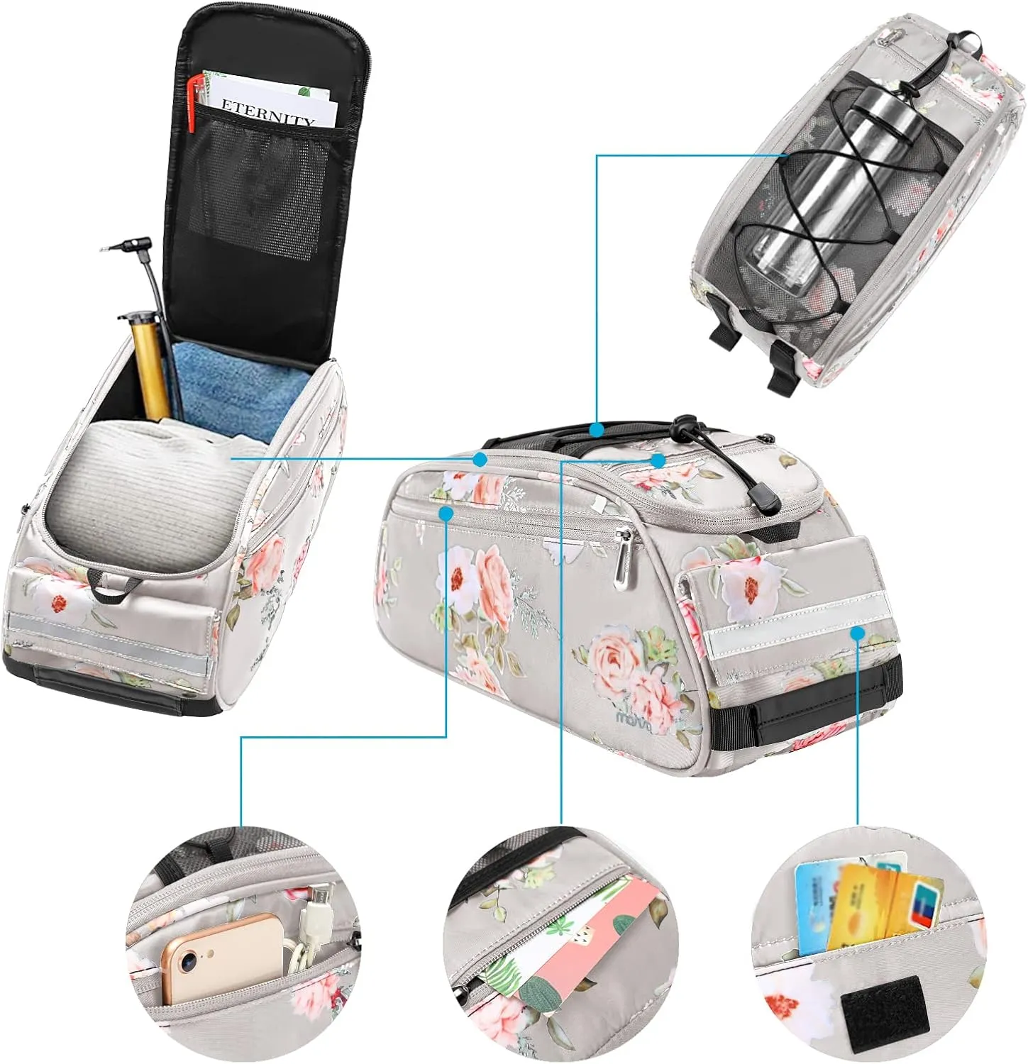 MOSISO Bike Rack Bag, Peony Waterproof Bicycle Trunk Pannier Rear Seat Pouch Cycling Bike Carrier Backseat Storage Luggage Saddle Shoulder Bag