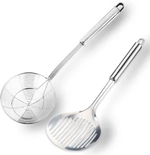 Multi Kitchen Utensil Stainless Steel Cooking Skimmer Slotted Fish Turner Spatula Spoon Colander Drain Water Filter Spoon Ladle Spider Strainer Skimmer Ladle for Cooking &Frying (2pcs)