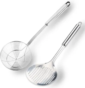 Multi Kitchen Utensil Stainless Steel Cooking Skimmer Slotted Fish Turner Spatula Spoon Colander Drain Water Filter Spoon Ladle Spider Strainer Skimmer Ladle for Cooking &Frying (2pcs)