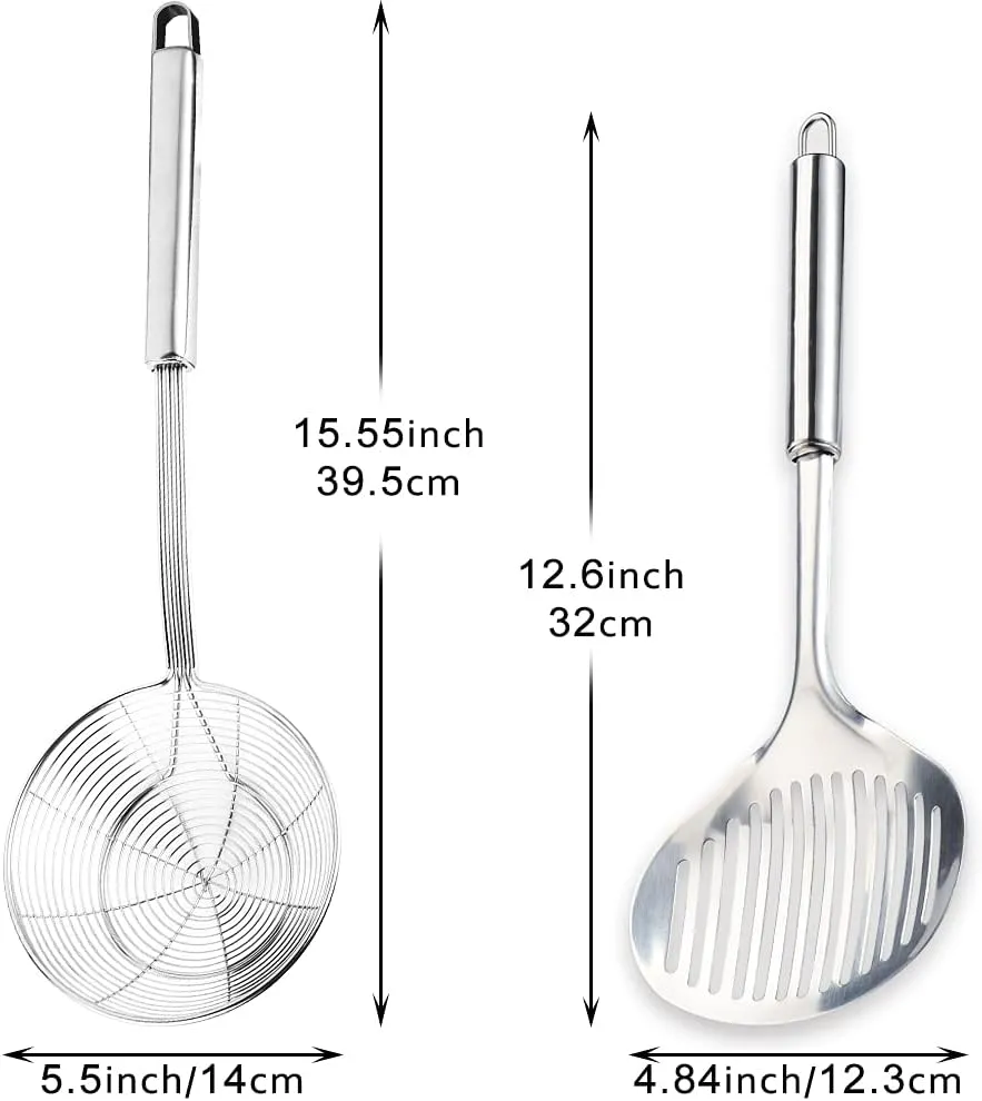 Multi Kitchen Utensil Stainless Steel Cooking Skimmer Slotted Fish Turner Spatula Spoon Colander Drain Water Filter Spoon Ladle Spider Strainer Skimmer Ladle for Cooking &Frying (2pcs)