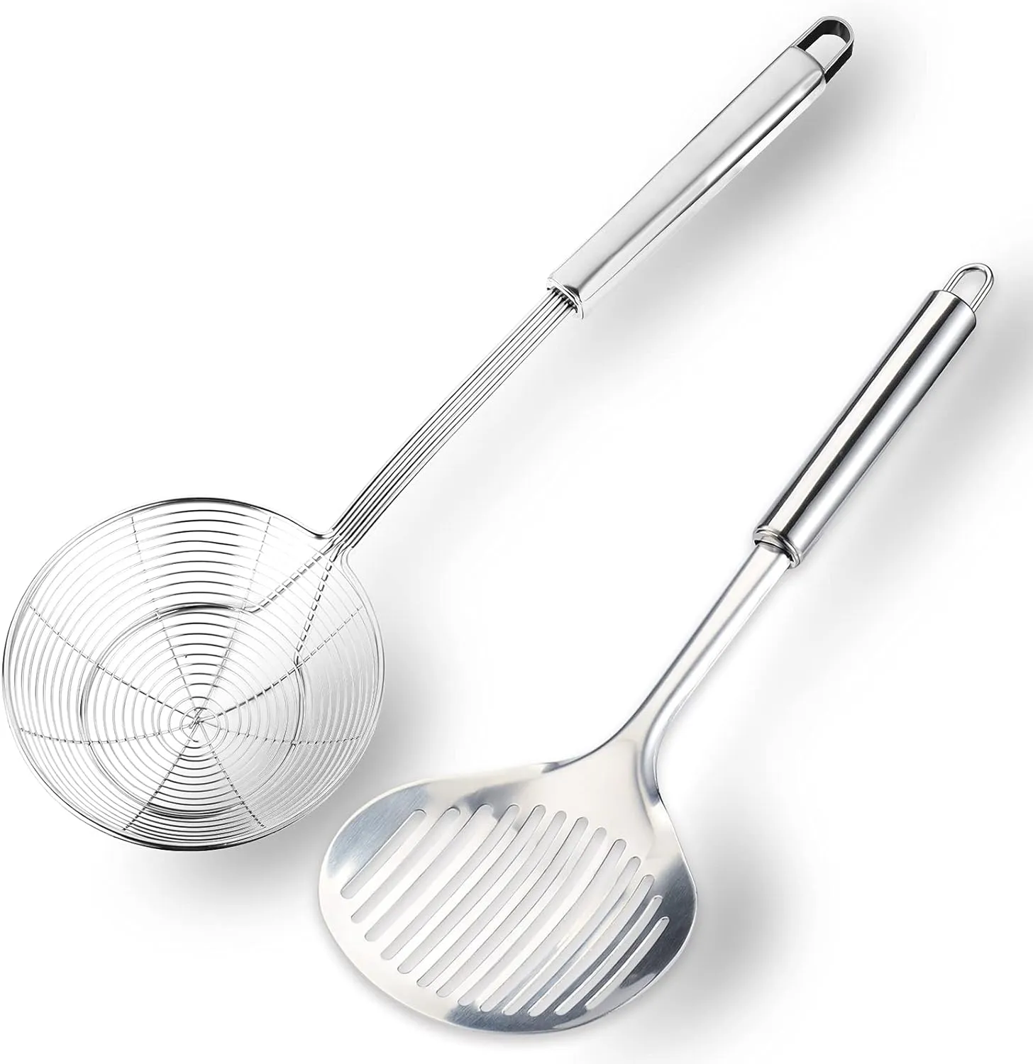 Multi Kitchen Utensil Stainless Steel Cooking Skimmer Slotted Fish Turner Spatula Spoon Colander Drain Water Filter Spoon Ladle Spider Strainer Skimmer Ladle for Cooking &Frying (2pcs)