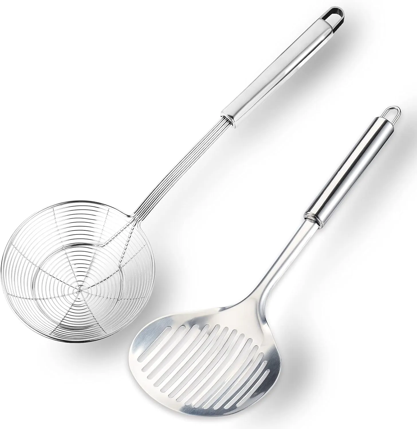 Multi Kitchen Utensil Stainless Steel Cooking Skimmer Slotted Fish Turner Spatula Spoon Colander Drain Water Filter Spoon Ladle Spider Strainer Skimmer Ladle for Cooking &Frying (2pcs)