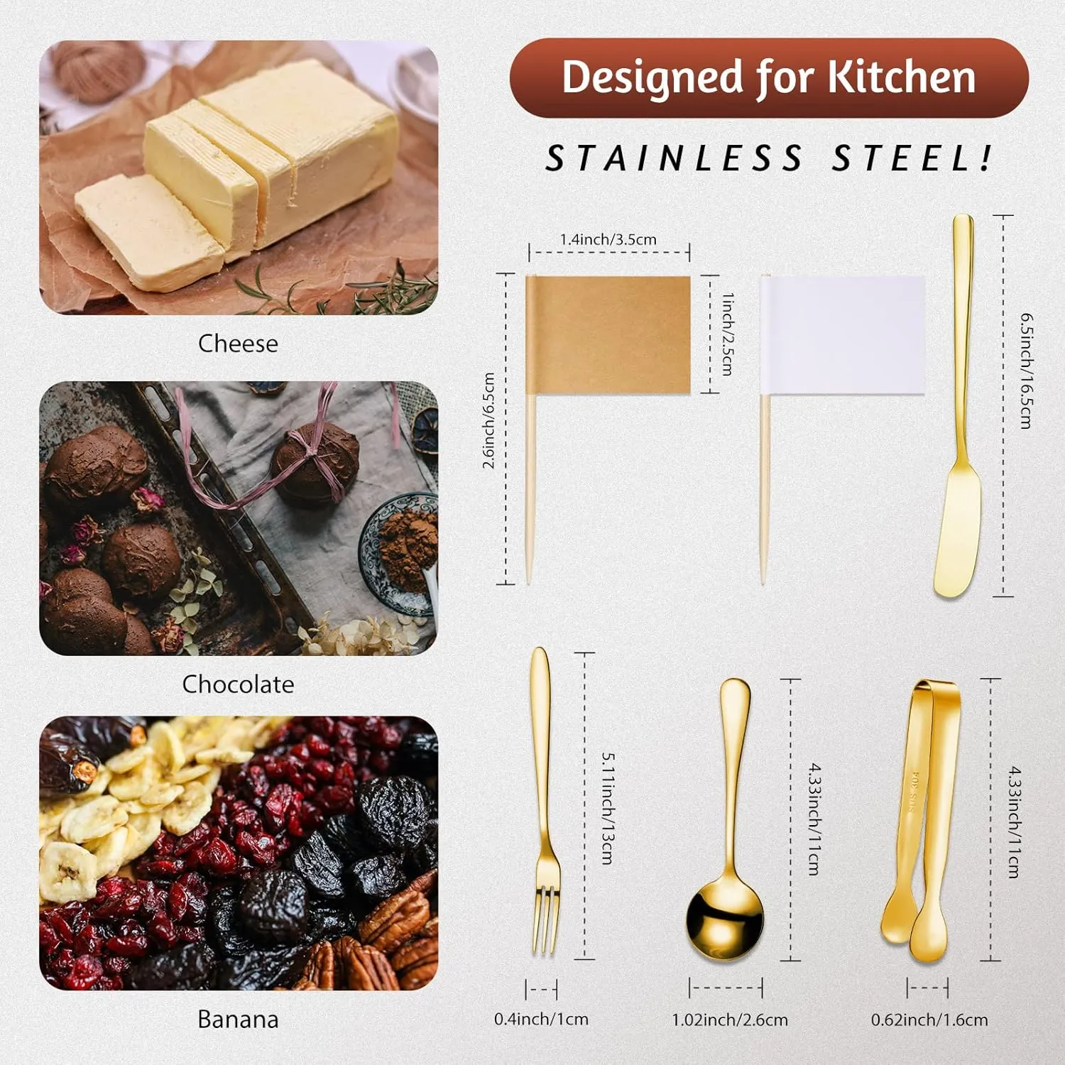 Patelai Cheese Butter Spreader Knives Set Charcuterie Accessories Stainless Steel Spreader Knives Charcuterie Boards Utensils Mini Serving Tongs Spoons and Forks for Appetizers Pastry(Golden)