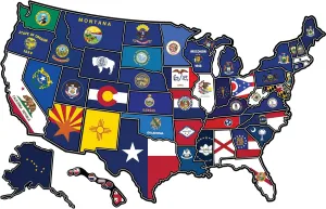 RV State Travel USA Map Vinyl Sticker - Camper Trailer Decals for Window with State Flag - Road Trip Map of America - Waterproof, UV Protection for Window, Door or Wall (Flags)