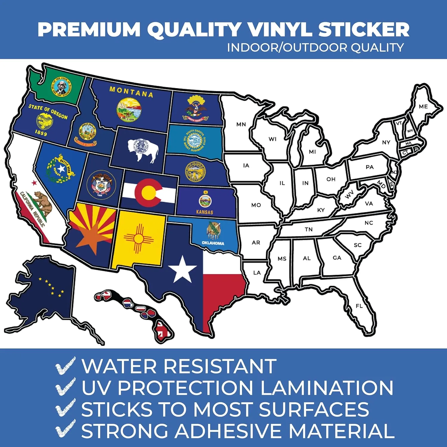 RV State Travel USA Map Vinyl Sticker - Camper Trailer Decals for Window with State Flag - Road Trip Map of America - Waterproof, UV Protection for Window, Door or Wall (Flags)