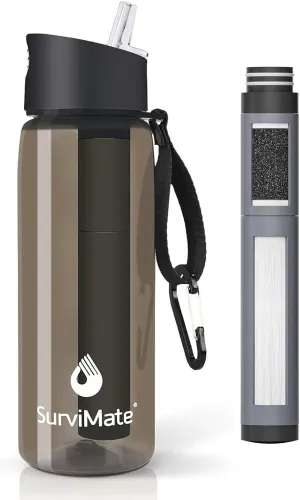 SurviMate 5-Stage 0.01m Ultra-Filtration Filtered Water Bottle, BPA-Free Material, NSF/ANSI 42&372 Certified, Portable Water Filter Bottle for Survival, Camping, Hiking, and Emergency Use