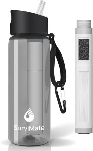 SurviMate 5-Stage 0.01m Ultra-Filtration Filtered Water Bottle, BPA-Free Material, NSF/ANSI 42&372 Certified, Portable Water Filter Bottle for Survival, Camping, Hiking, and Emergency Use