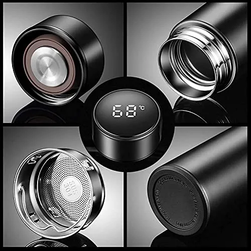 Water Bottle with LED Temperature Display, Double Walled Vacuum Insulated Stainless Steel Bottle, Sports Automotive Travel Mug, (Black, 500 ml) 12H, 17 Oz Cup (Black, 500 ml)